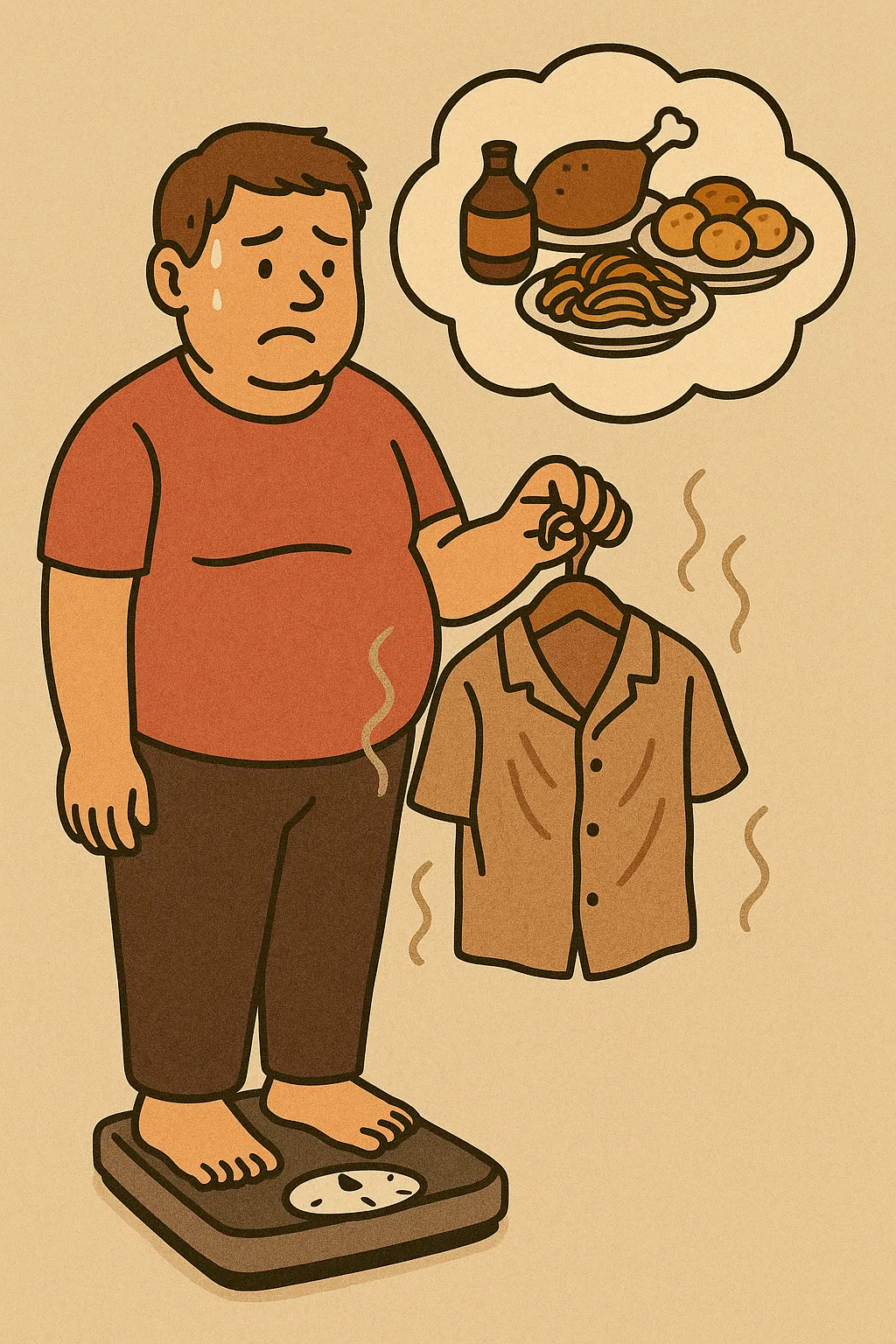 명절-음식을-떠올리며-체중계-위에-선-사람의-불안한-표정을-묘사한-일러스트