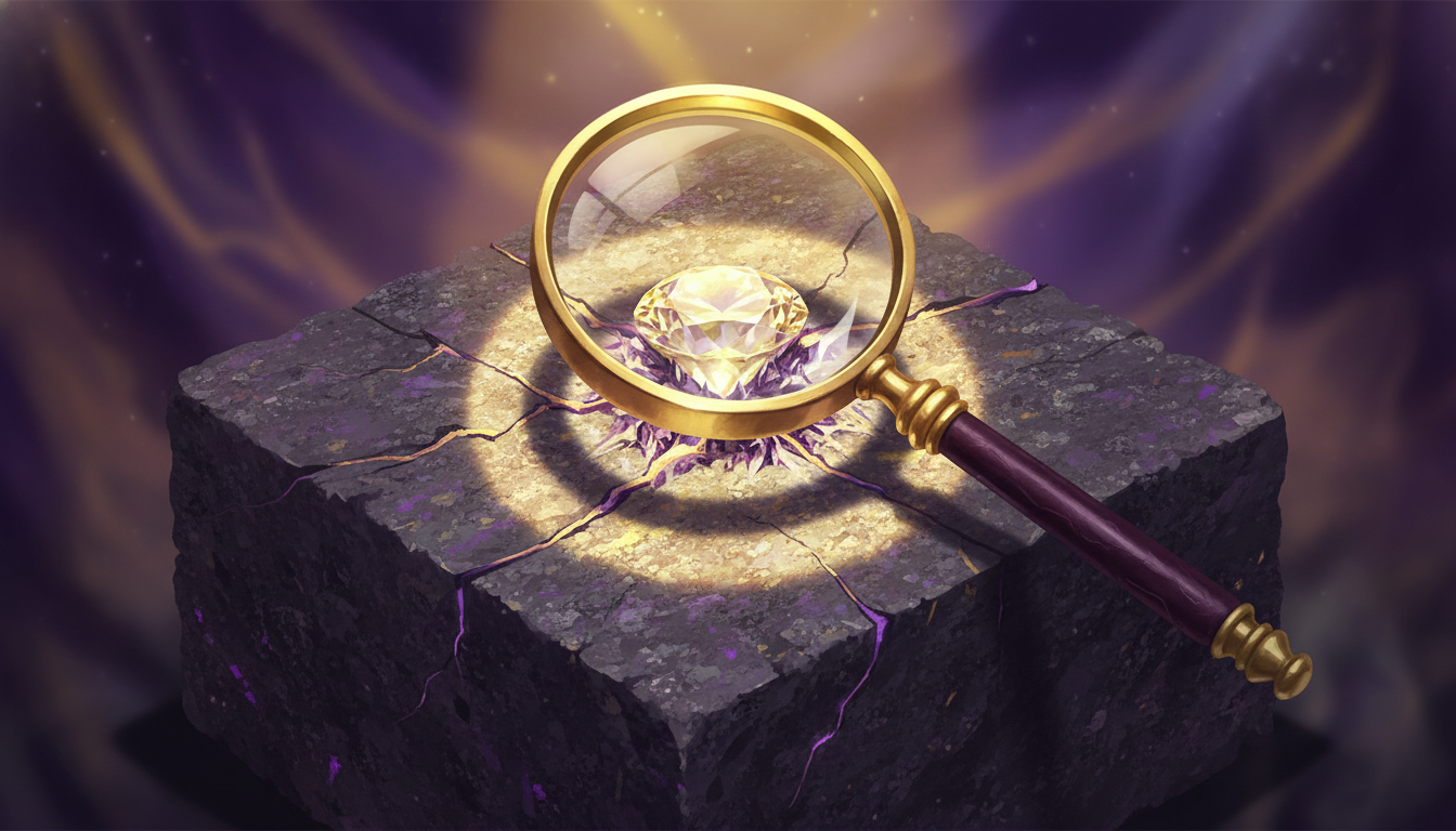 거친 돌 속에 숨겨진 다이아몬드를 돋보기로 관찰하는 모습, 가치 투자의 본질을 상징함