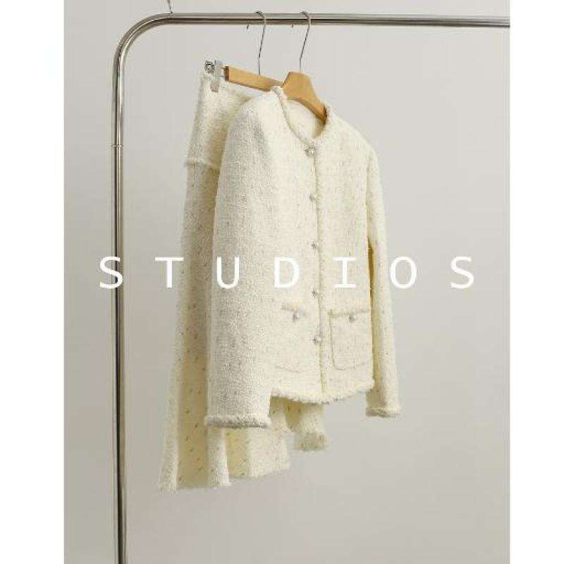 트위드 세트 노카라자켓 롱스커트 아이보리 여성 정장세트 면접복장 예복 빅사이즈