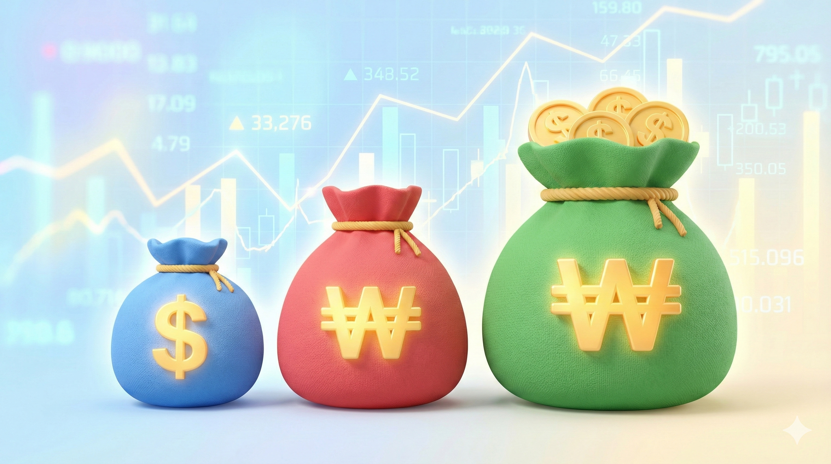 3개의 금화 주머니가 점점 커지는 모습 - 3번 건축가 프롬프트 참조