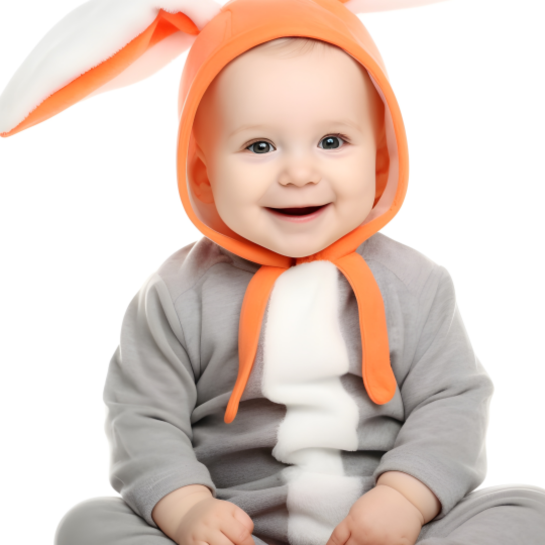 토끼 머리를 하고 웃고 있는 아기