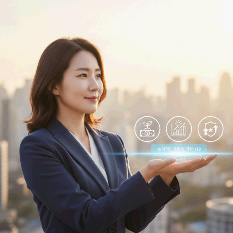 도시 전경을 배경으로 미래를 바라보는 여성 비즈니스인의 모습. 손 위에 재테크, 성장, 보안 아이콘이 떠 있어 금융과 성공을 상징적으로 표현한 장면.