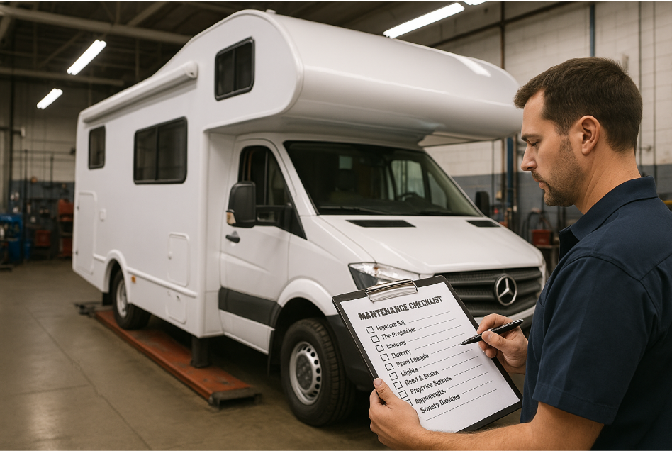 캠핑카 정비소에서 체크리스트 확인 중인 정비사