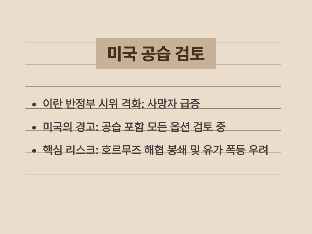 이란 시위 및 미국의 군사 개입 검토 배경 요약 카드