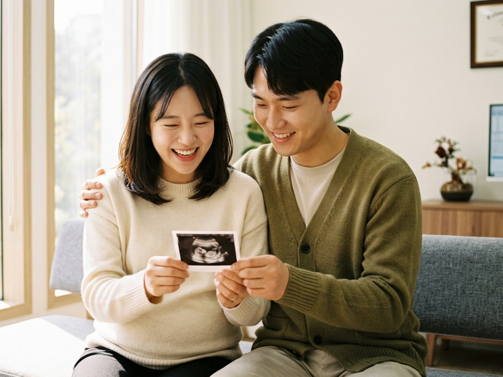 행복한 표정으로 산전검사 결과를 기다리며 서로를 격려하는 예비 부부의 모습