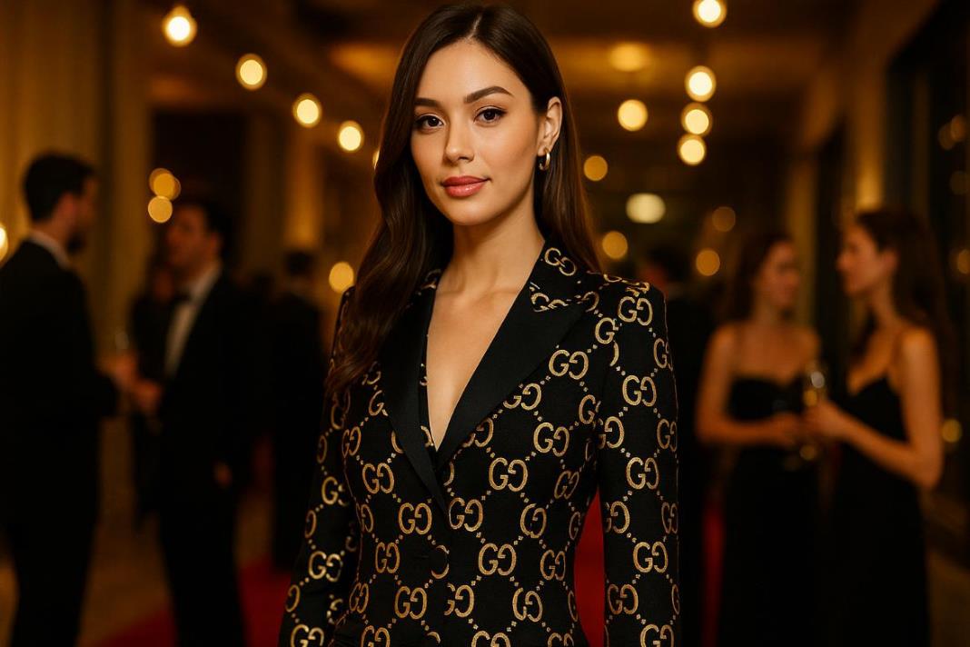 고급스러운 구찌의 GG 패션 드레스 의류를 입은 여성