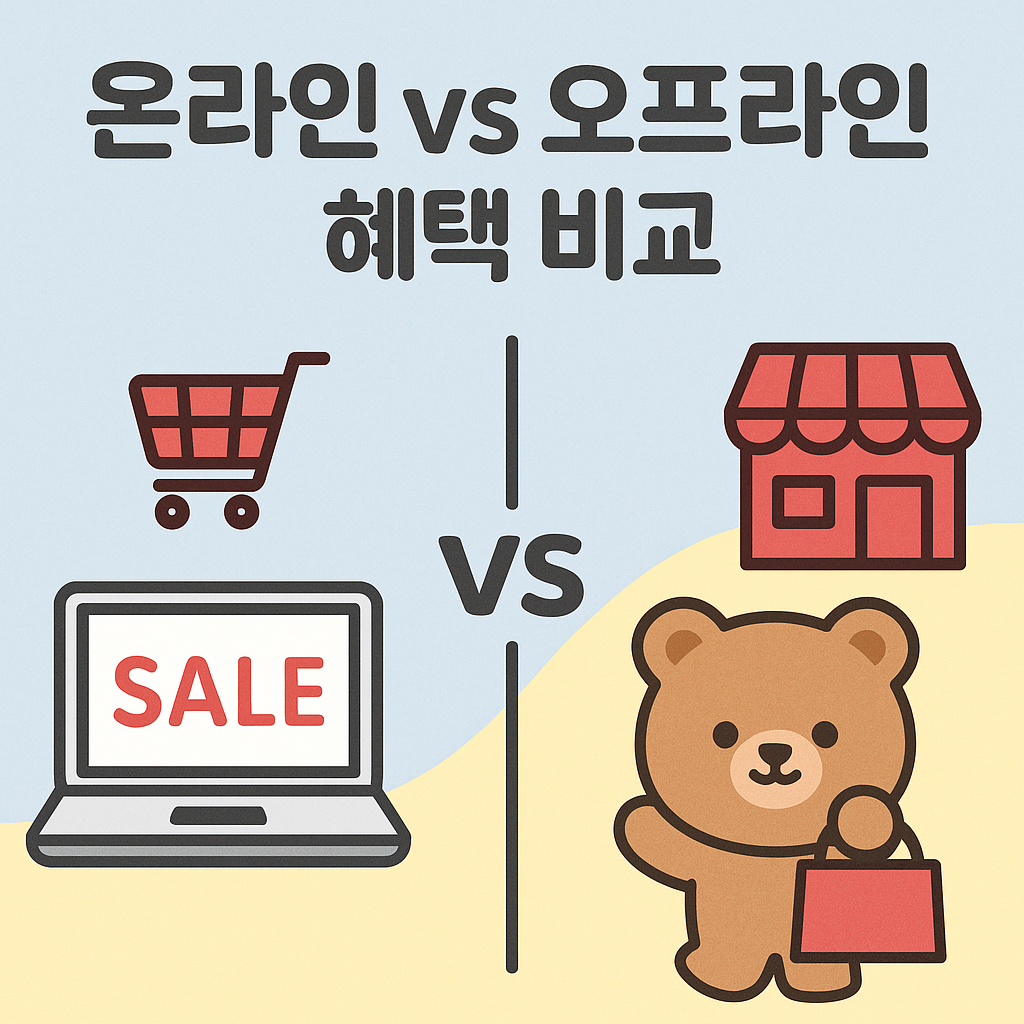 온라인 vs 오프라인 혜택 비교를 보여주는 곰 캐릭터와 쇼핑 일러스트 이미지
