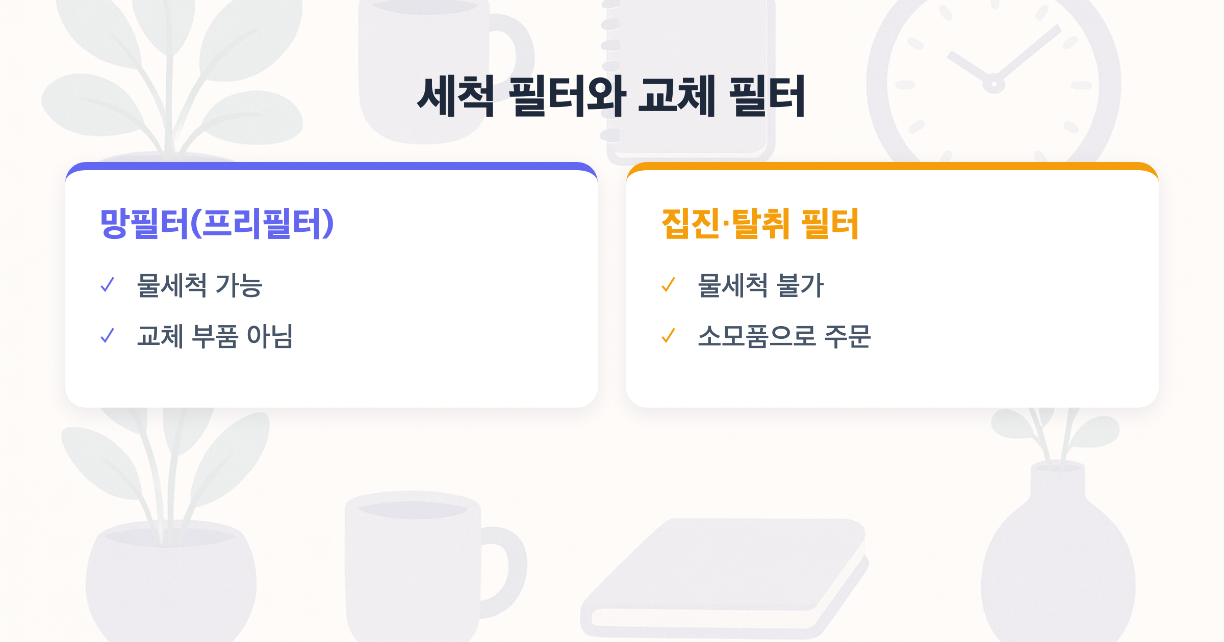 세척 필터와 교체 필터 망필터(프리필터) vs 집진·탈취 필터