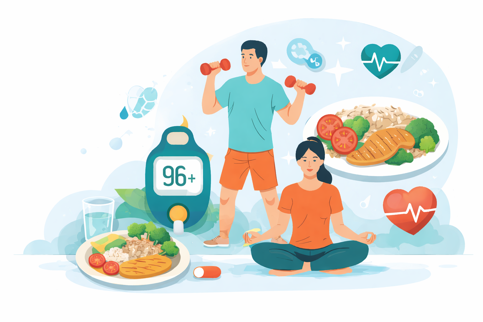 혈당 관리에 도움이 되는 식단, 운동, 수면 등 건강한 생활 습관 일러스트