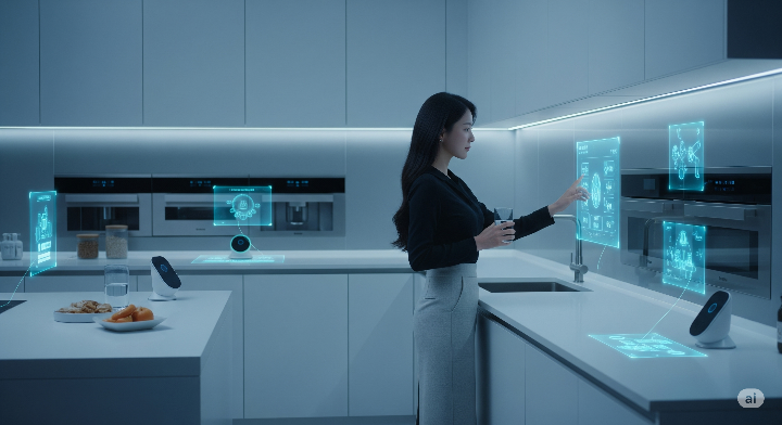 스마트홈 기기들이 연동된 미래형 주방에서 생활하는 여성