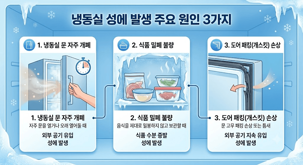 냉동실 성에 발생 원인 세 가지 도식