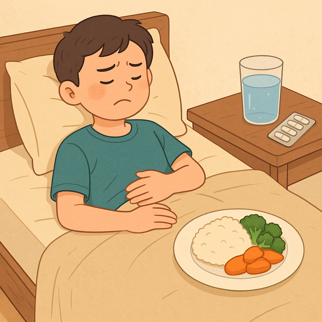 장염약을 먹고도 배가 아픈 아이가 침대에 누워 회복 중인 모습, 식사와 약물이 함께 놓여 있음