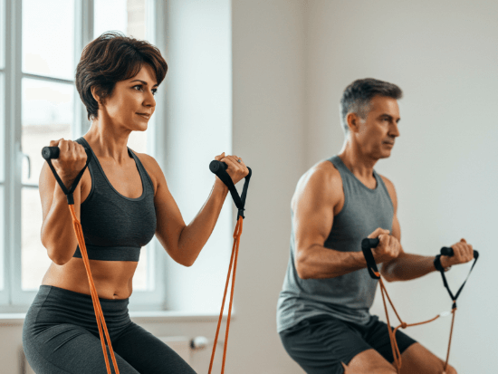 중년의 남성과 여성이 밴드로 근력운동을 하는 모습