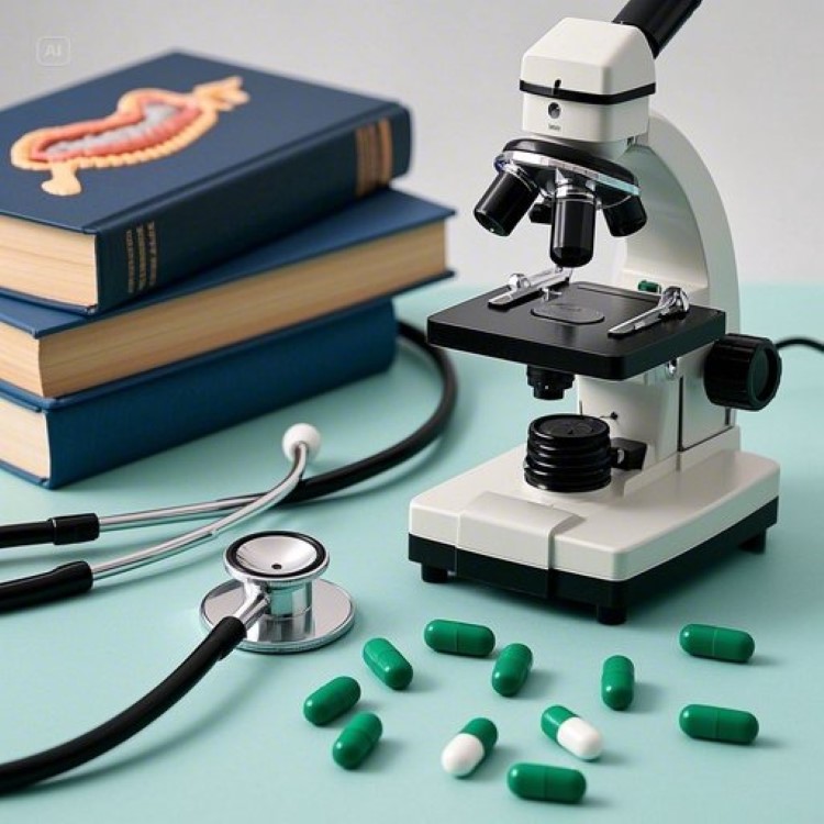 의학 서적과 소화기관 해부도가 펼쳐진 깔끔한 의료진 책상 위에 초록색 스펙트럼 색상환이 놓여있고, 현미경과 청진기가 함께 배치된 전문적이고 신뢰감 있는 의료 상담 공간