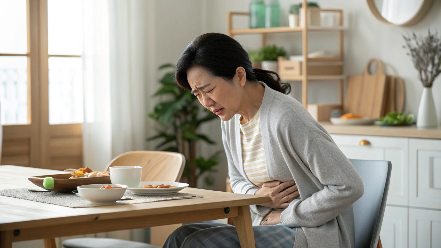 음식을 먹은 후 속이 불편해 고민하는 사람의 모습