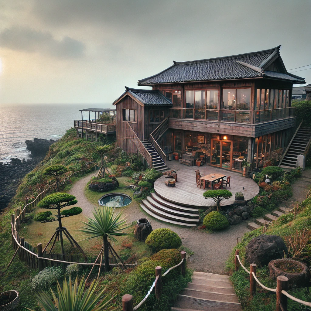 절벽 위에 위치한 제주 펜션, 바다를 내려다보는 전경.