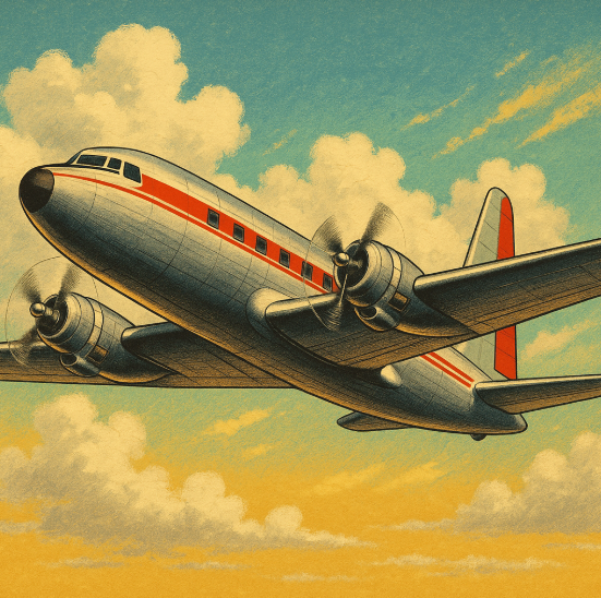 초창기 여객기와 조종사가 활주로 위에 선 모습을 담은 빈티지 스타일 일러스트, 인간의 하늘을 향한 도전과 비행기의 발명을 상징적으로 표현