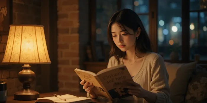따뜻한 조명 아래 책을 읽으며 자기반성을 하는 여성