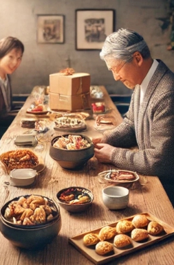 식탁에 음식이 놓여 있고 기다리고 있는 사람의 모습