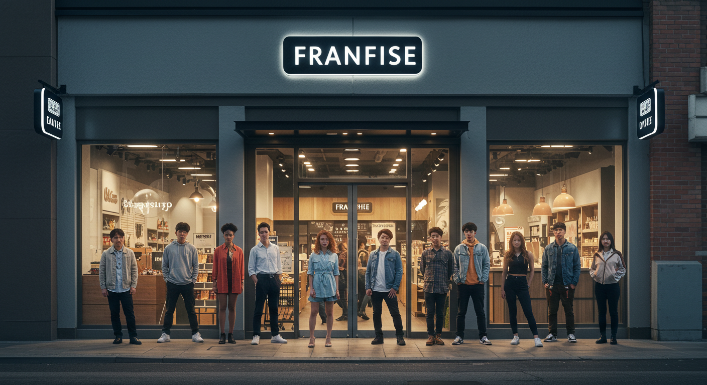 프랜차이즈 영어 간판 가게앞에 1열로 서있는 사람들