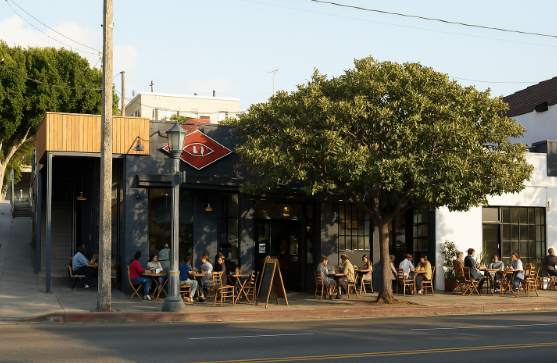 엘에이 스쿼럴 식당 앞 페이오에 많은 손님이 앉아 있는 사진