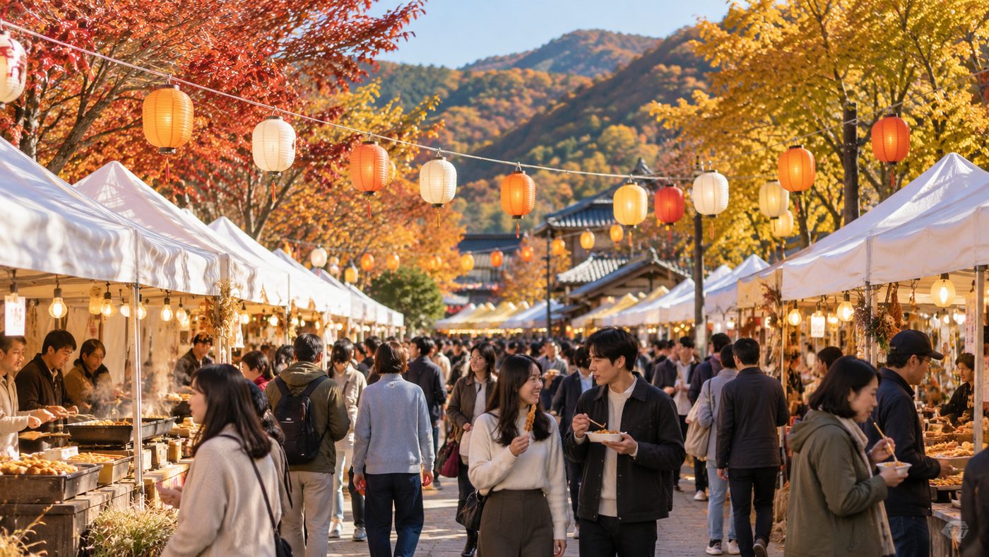 가을 지역 축제 천막 거리를 걷는 방문객들