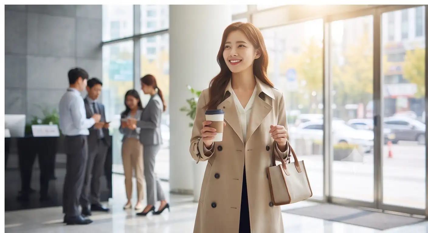 출근길에 테이크아웃 커피를 들고 밝은 표정으로 걸어가는 30대 여성 직장인