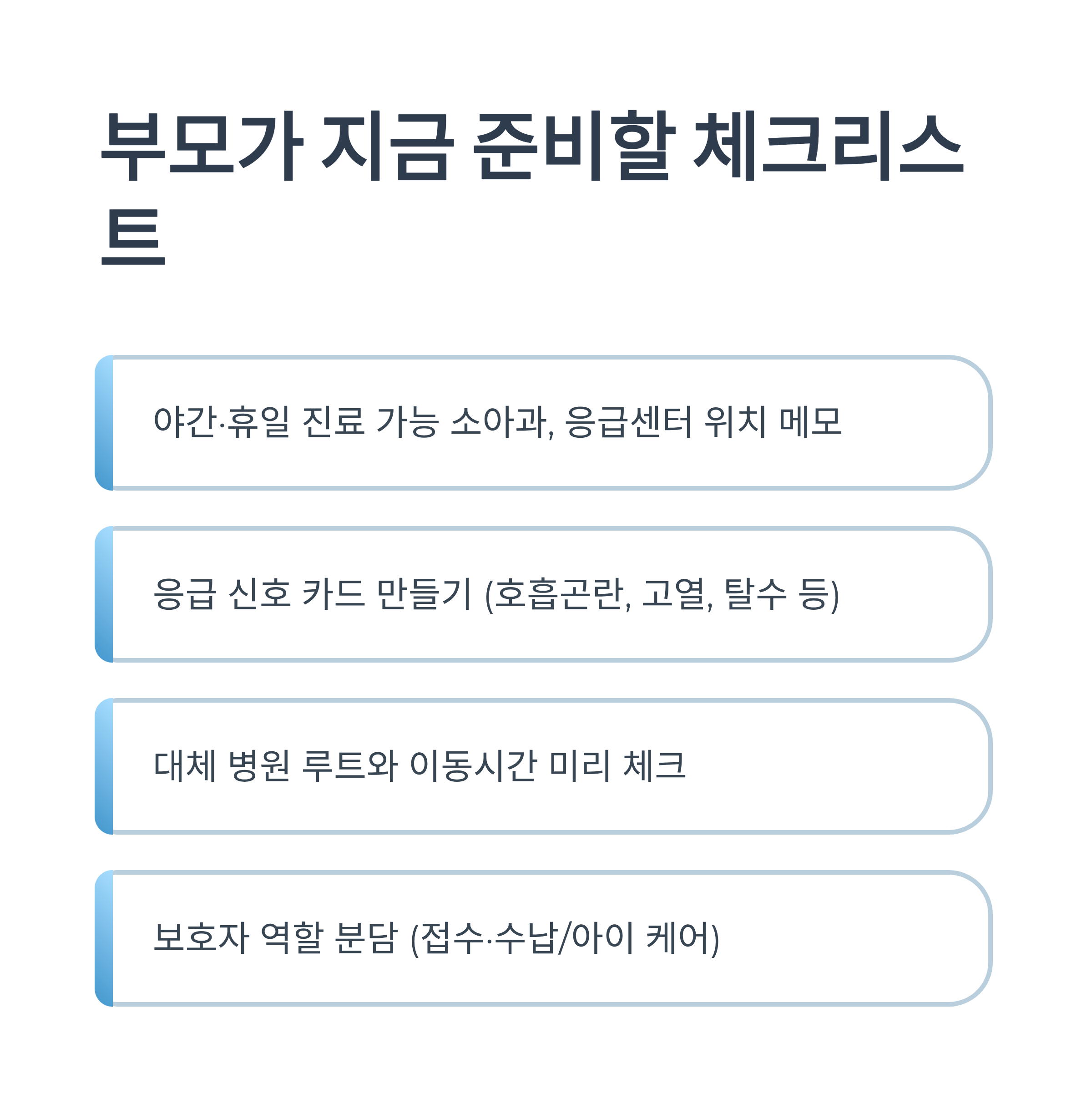 부모가 준비해야 할 체크리스트(야간 진료 병원, 응급 신호카드, 병원 루트 확인, 보호자 역할) 안내 인포그래픽