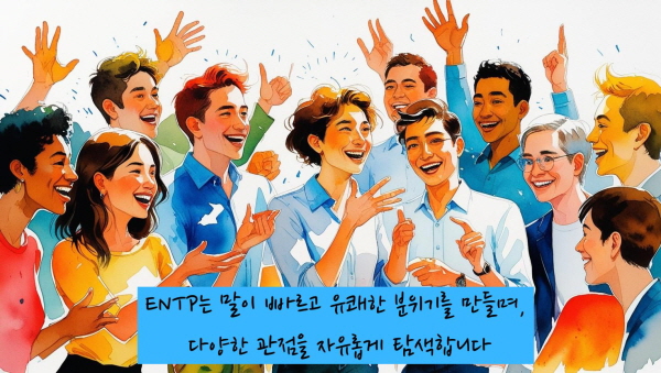 ENTP는 말이 빠르고 유쾌한 분위기를 만들며, 다양한 관점을 자유롭게 탐색합니다에 관한 그림입니다
