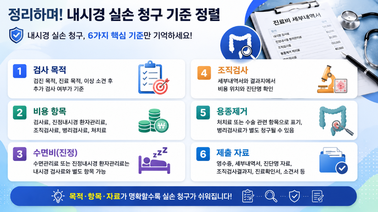 16:9 인포그래픽으로 내시경 실손 청구 기준 정렬을 주제로 검사 목적, 비용 항목, 수면비, 조직검사, 용종제거, 제출 자료 6가지 핵심 기준을 정리한 이미지