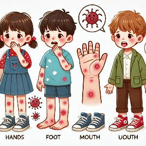 수족구병에 걸린 어린이의 손, 발, 입에 물집과 궤양이 있는 모습