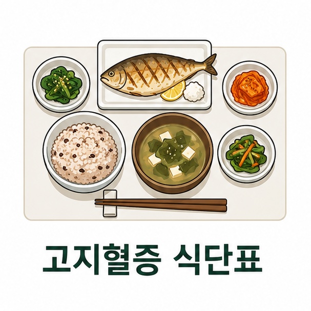 고지혈증 식단표 대표 이미지, 밥과 국, 생선구이가 놓인 밥상을 위에서 내려다본 일러스트