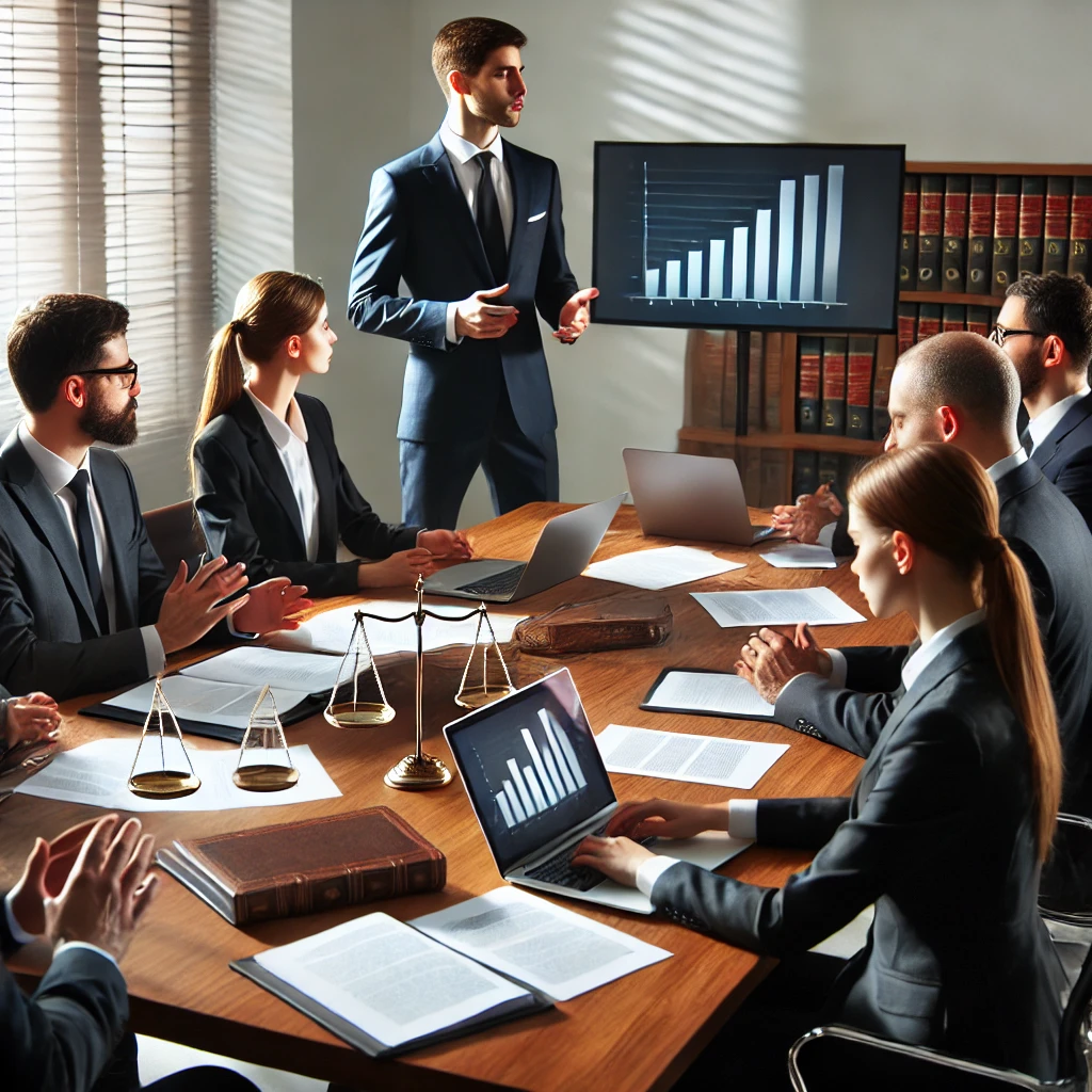 변호사가 화이트보드에 상속과 유류분 과정을 설명하는 장면, 다이어그램이 그려져 있는 모습.