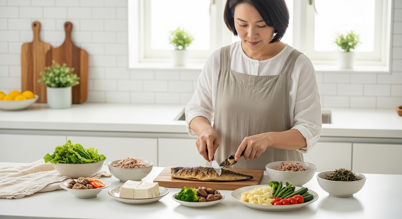 콜레스테롤을 낮추는 건강 식단을 준비하는 한국 중년 여성