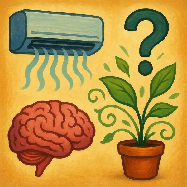 에어컨, 뇌, 식물, 물음표 아이콘이 어우러진 FAQ 안내용 일러스트, 공기 질과 인지 건강, 자연 회복성을 팀 버튼풍 감성으로 상징적으로 표현