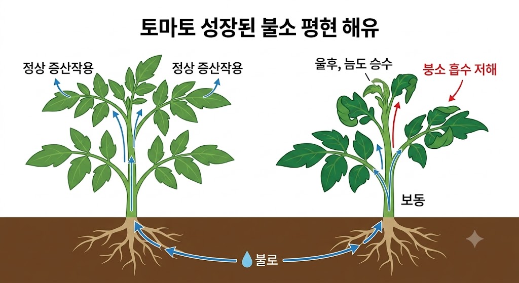 방울토마토 붕소 결핍과 증산 작용 저하의 판단 기준을 설명하는 다이어그램