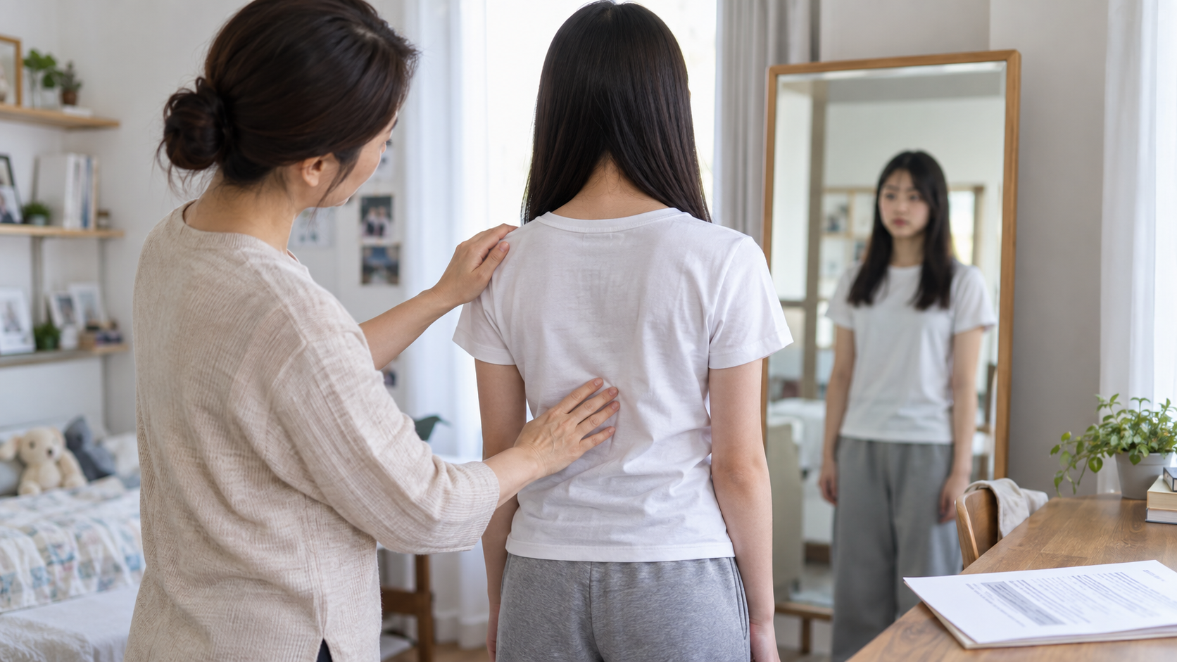보호자가 청소년의 어깨 높이와 척추 좌우 비대칭을 확인하는 실제 상황
