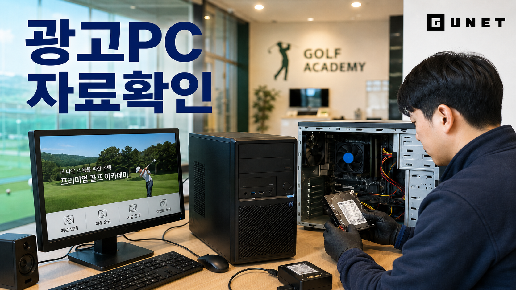 골프연습장 광고용 컴퓨터에서 기존 홍보 이미지와 영상 파일을 확인하는 업무 현장