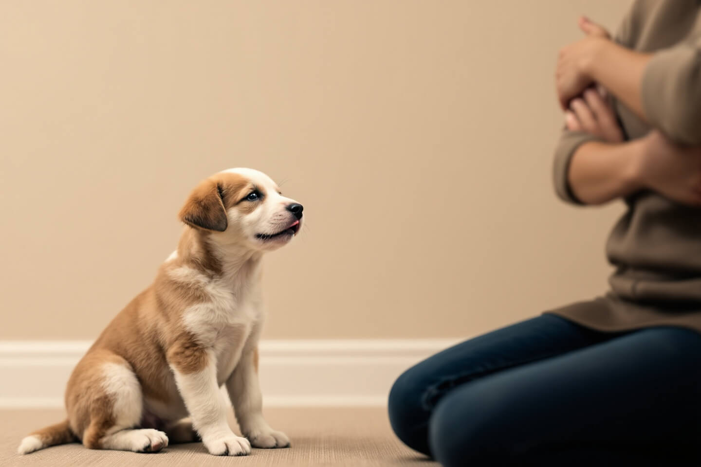 puppy showing stress signals, ears back, owner giving space