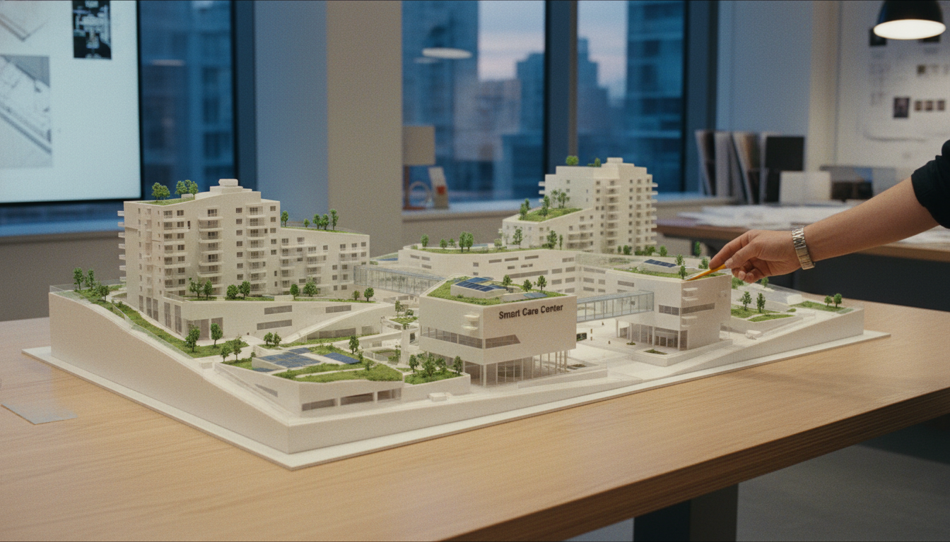 건축가의 책상 위에 놓인 현대적인 다세대 주택 단지 모형의 전문적인 사진. 모형에는 무장애 램프, 옥상 정원, 그리고 연결된 의료 센터 건물이 보인다. 건축가의 손이 모형의 '스마트 케어 센터' 구역을 가리키고 있다. 배경은 밝은 디자인 스튜디오. 미래 실버 주거 인프라를 상징함. 선명한 초점, 사실적인 건축 디테일.