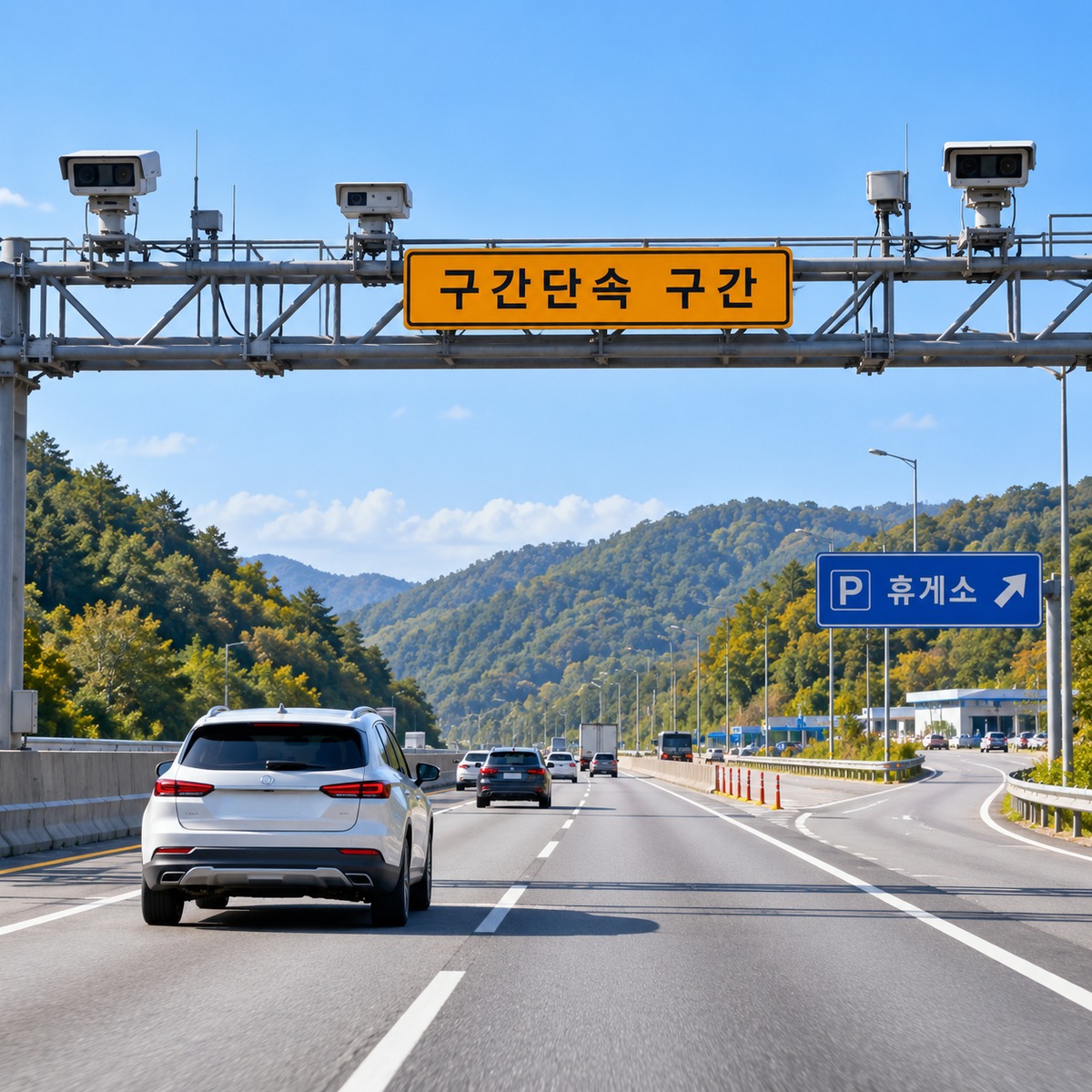 고속도로 구간단속 카메라와 휴게소 진입로가 함께 보이는 도로