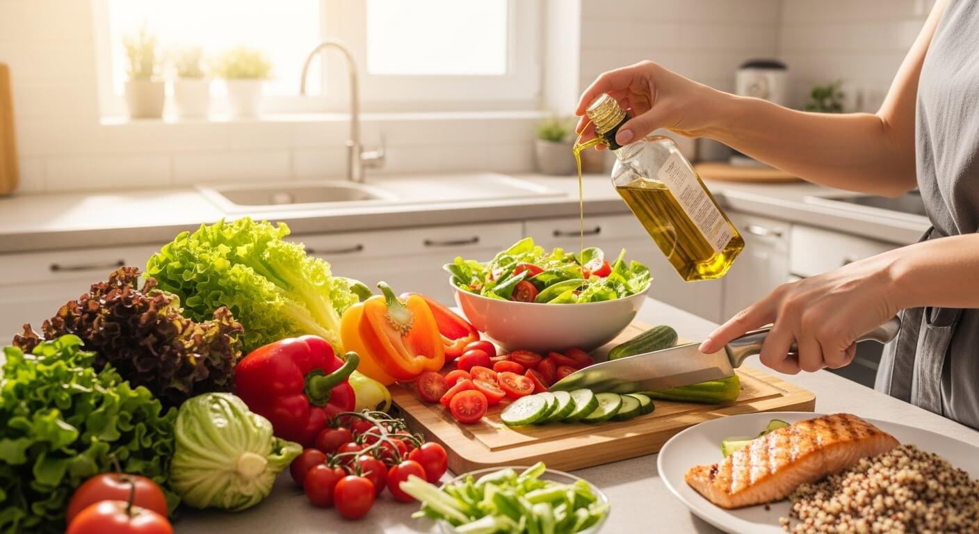 신선한 채소와 건강한 식단을 준비하며 장 건강과 소화 관리를 상징하는 생활 장면