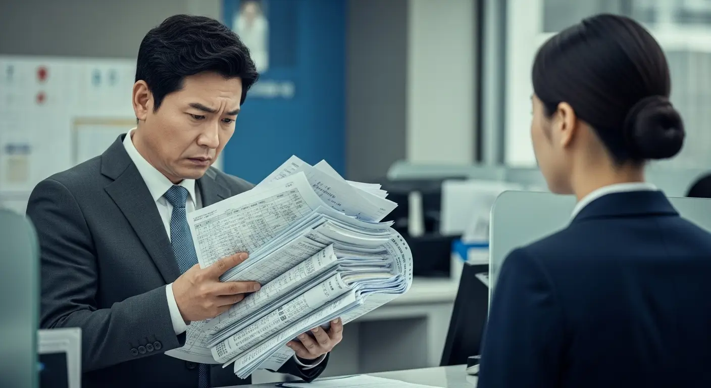 한 한국인 개인 사업자가 은행 창구 앞에서 복잡한 세무 서류를 들고 답답해하는 모습