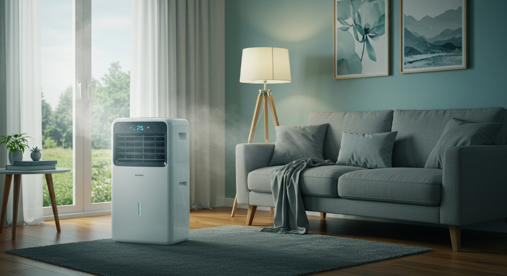 고요하고 쾌적한 거실에 놓인 저소음 제습기.