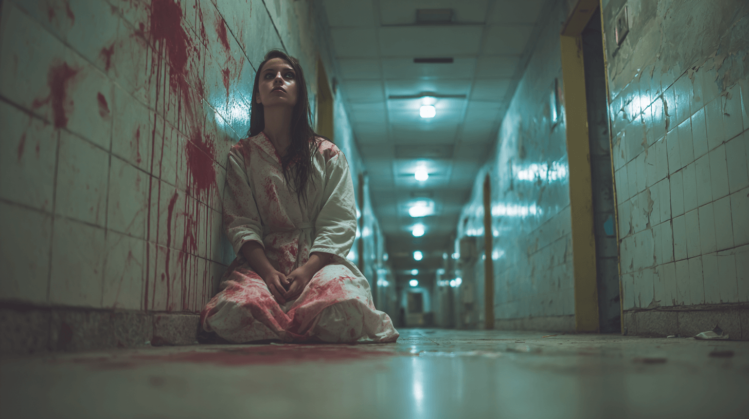 피-묻은-복도에-앉아-있는-여성