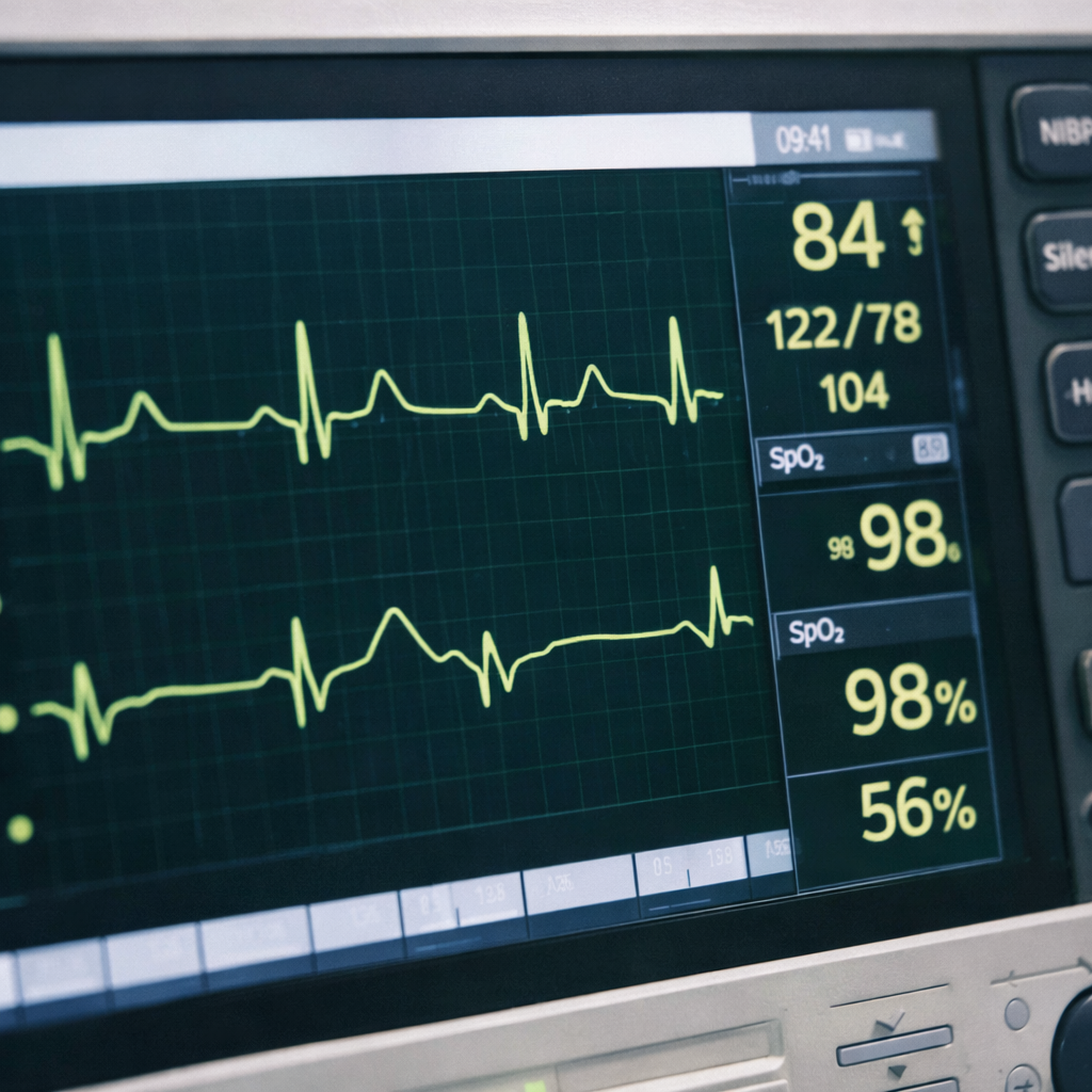 심전도 화면과 활력징후 확인 모습