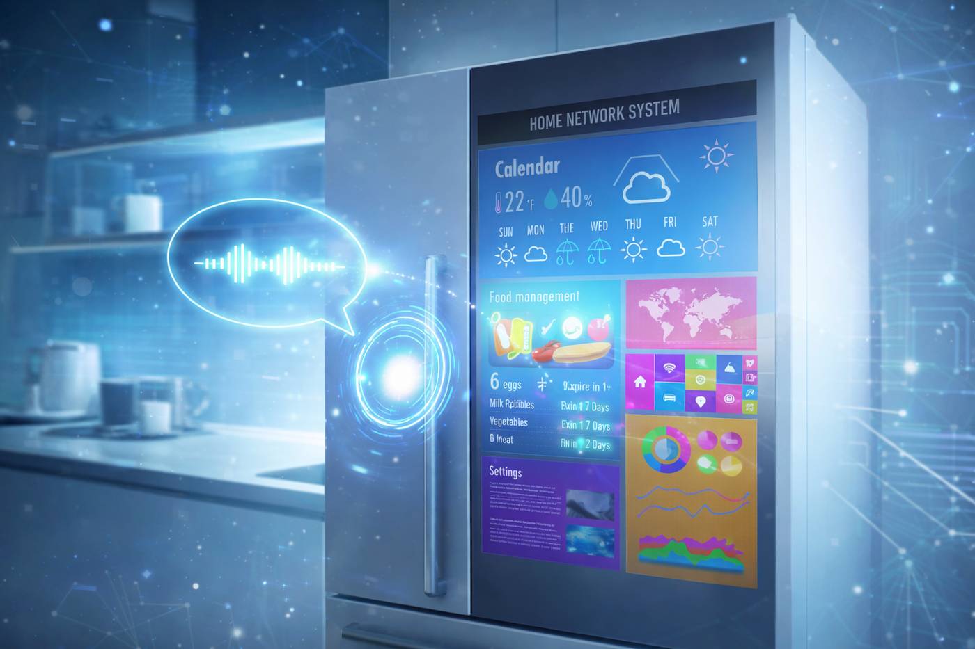 미래형 주방에서 대형 터치스크린이 달린 AI 냉장고가 일정&middot;날씨&middot;식재료 관리를 보여주며 상용화 기술을 상징하는 이미지