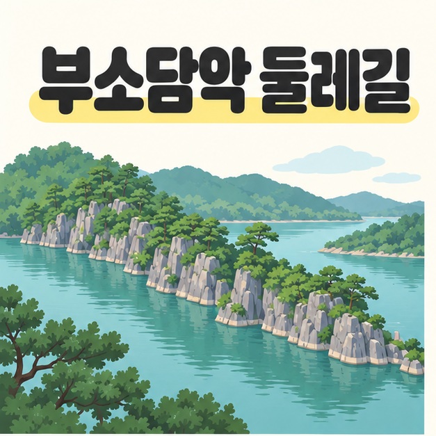 부소담악 둘레길 제목 아래 청록색 호수 위로 소나무 숲을 얹은 회색 바위 능선이 길게 이어지는 풍경 삽화