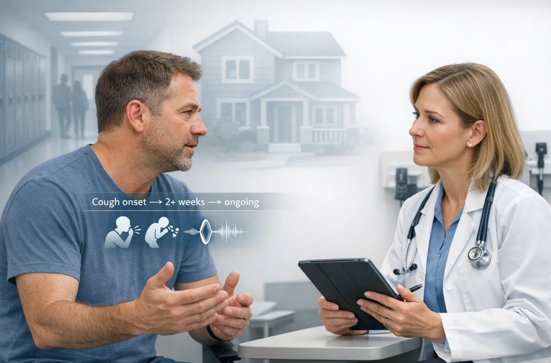 2주 이상 기침 증상을 의사에게 설명하는 성인 환자, 진료 판단을 위한 핵심 정보 전달 장면