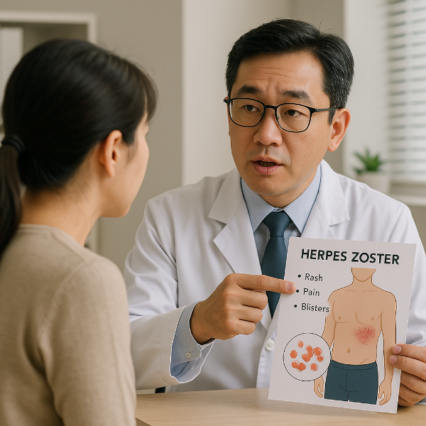 의사와 초기 통증에 대해 상담 중인 환자의 모습